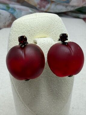 Vintage Austrian Frosted  Red Fruit Glass Clip Earrings